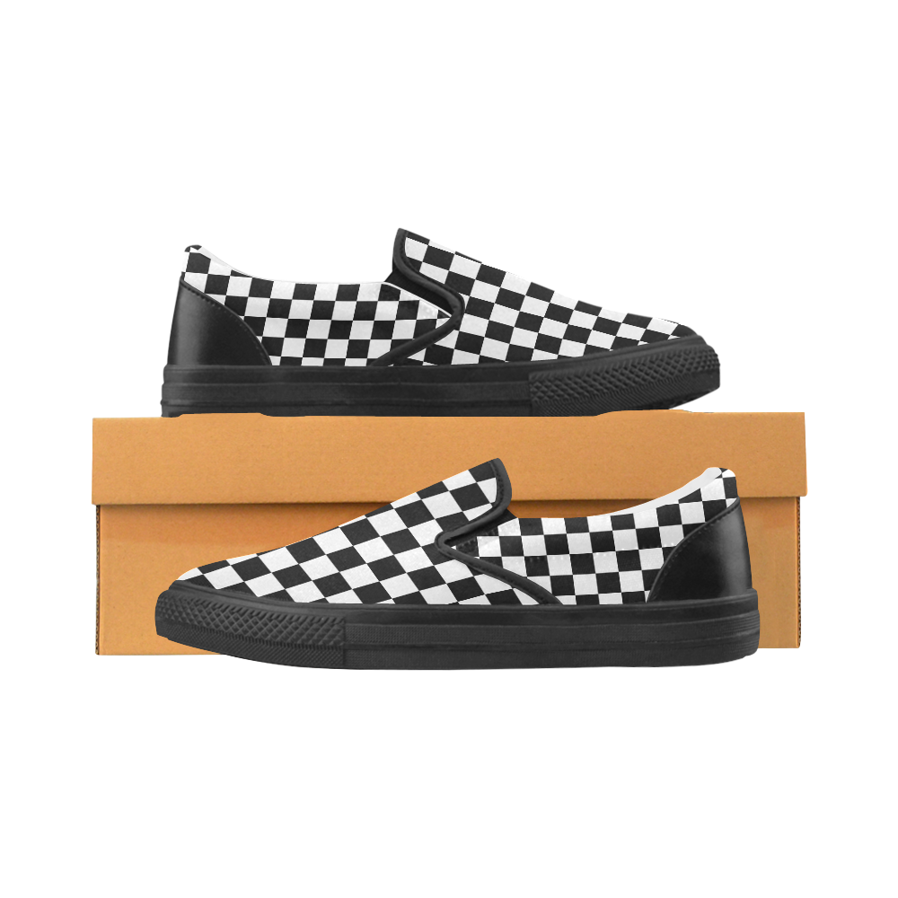 Checkerboard Black and White Slip-on Canvas Shoes for Men/Large Size (Model 019)