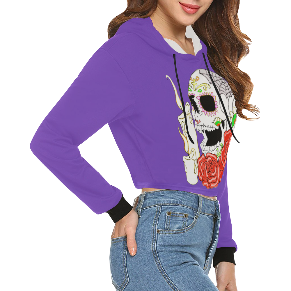 Day Of The Dead Sugar Skull Purple All Over Print Crop Hoodie for Women (Model H22)