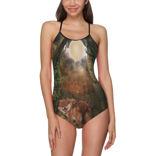 Awesome wolf in the night Strap Swimsuit ( Model S05)
