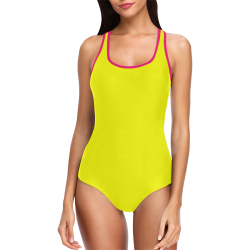 Bright Neon Yellow - Pink Trim Vest One Piece Swimsuit (Model S04)