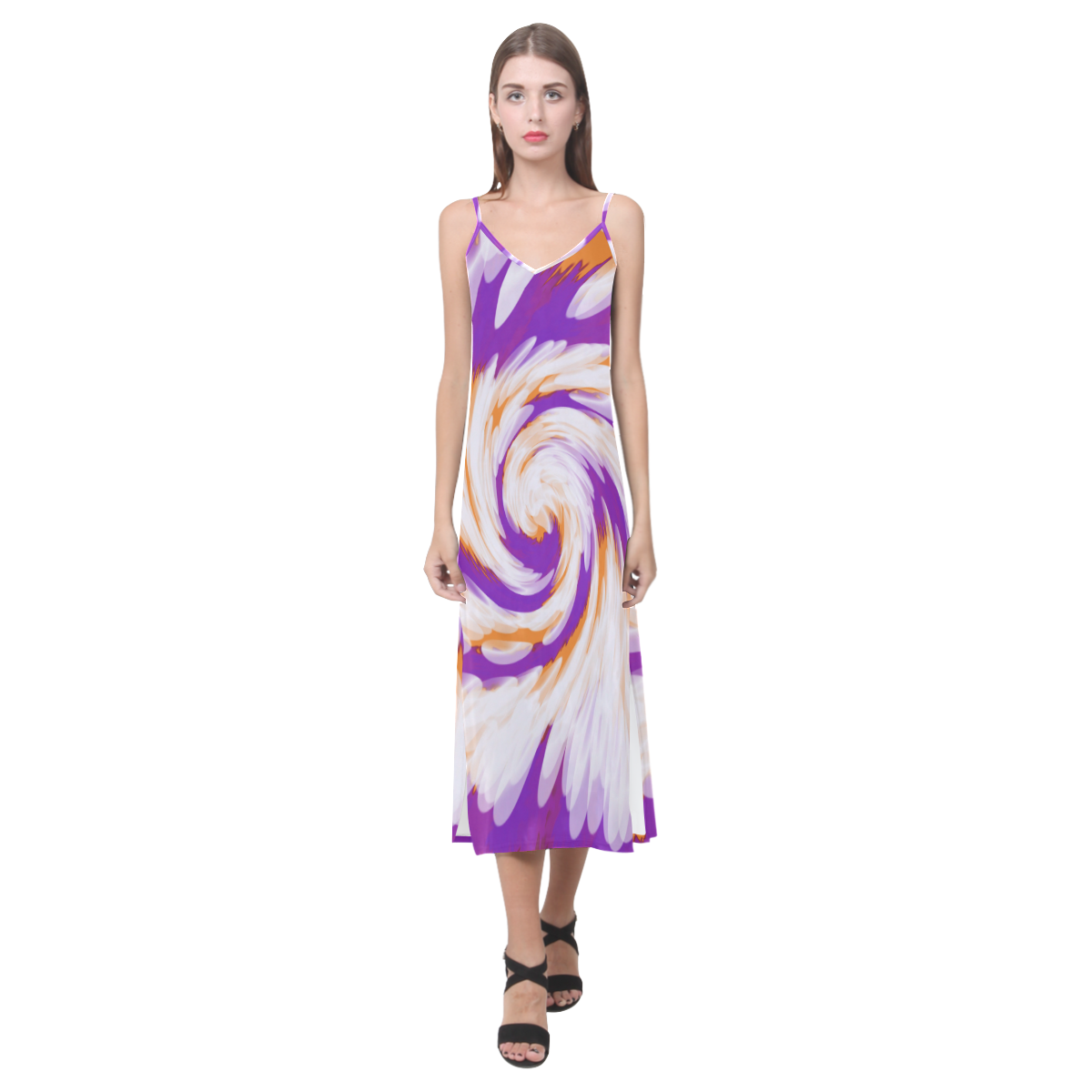 Purple Orange Tie Dye Swirl Abstract V-Neck Open Fork Long Dress(Model D18)