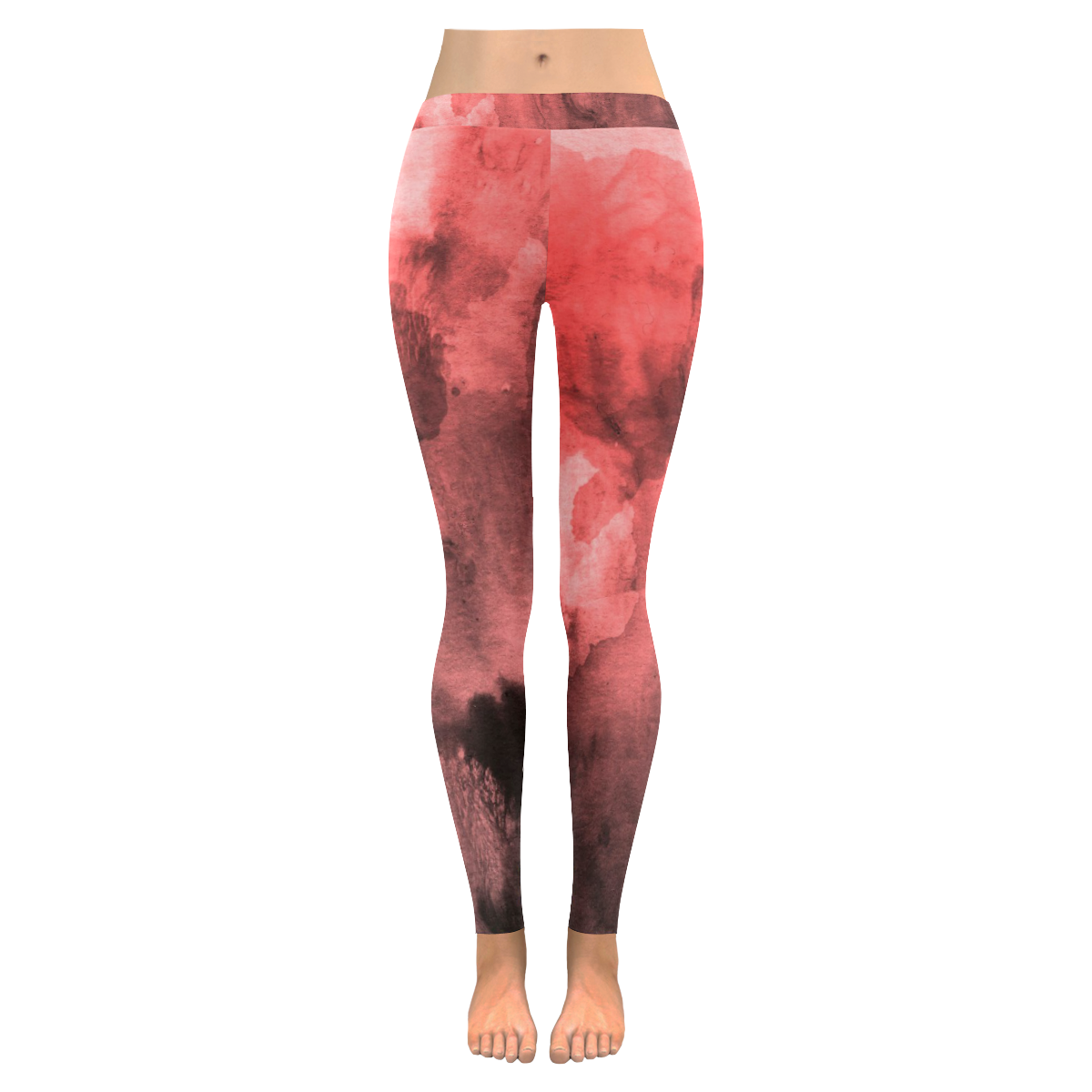 Red and Black Watercolour Women's Low Rise Leggings (Invisible Stitch) (Model L05)