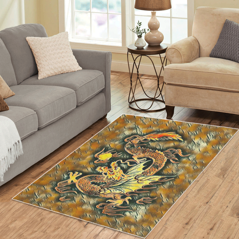 Japanese Dragon Gold, Copper, Brown Area Rug 5'x3'3''