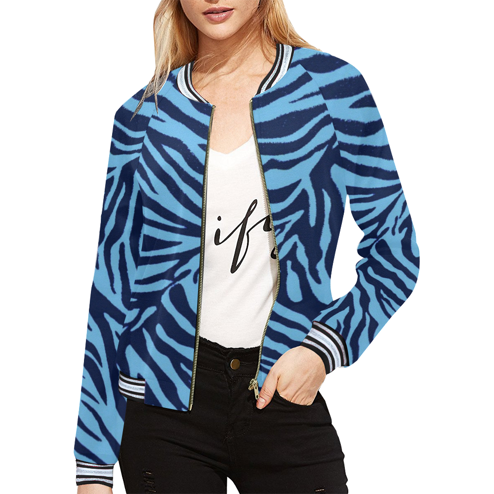 zebra 3 blue animal print stripe All Over Print Bomber Jacket for Women (Model H21)