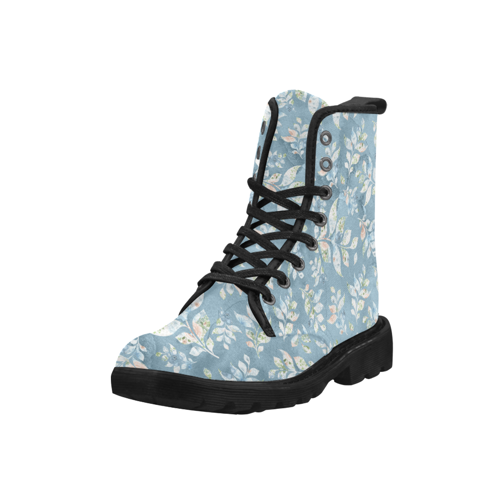 Watercolor Leaf Boots, Blue Watercolor Martin Boots for Women (Black) (Model 1203H)