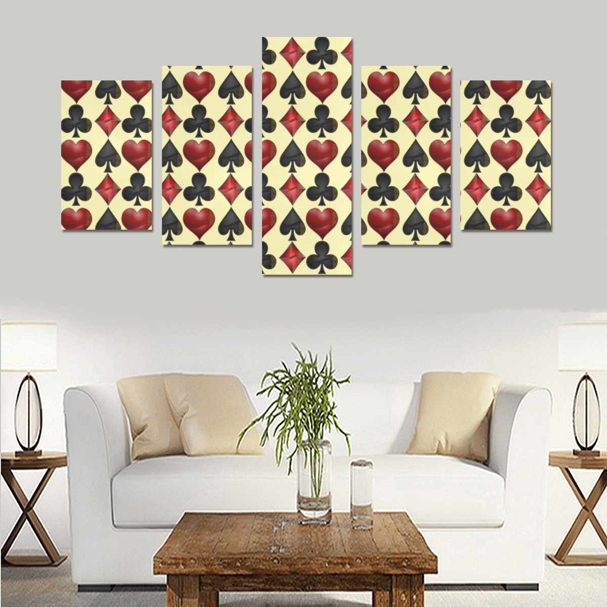 Las Vegas Black and Red Casino Poker Card Shapes on Yellow Canvas Print Sets C (No Frame)
