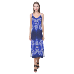 Blue and White Hearts  Lace Fractal Abstract V-Neck Open Fork Long Dress(Model D18)