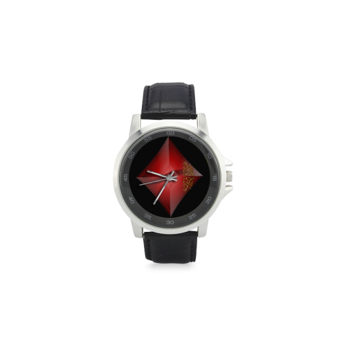 Diamond  Las Vegas Symbol Playing Card Shape on Black Unisex Stainless Steel Leather Strap Watch(Model 202)