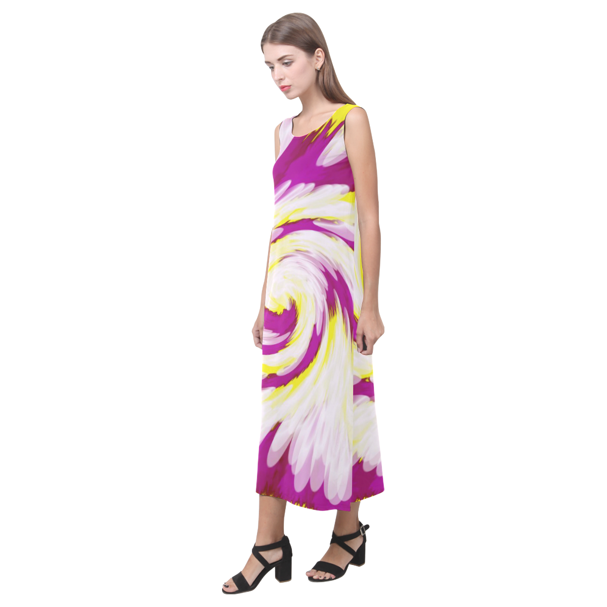Pink Yellow Tie Dye Swirl Abstract Phaedra Sleeveless Open Fork Long Dress (Model D08)
