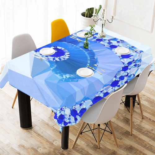 Blue White Geometric Fractal Art Cotton Linen Tablecloth 52"x 70"