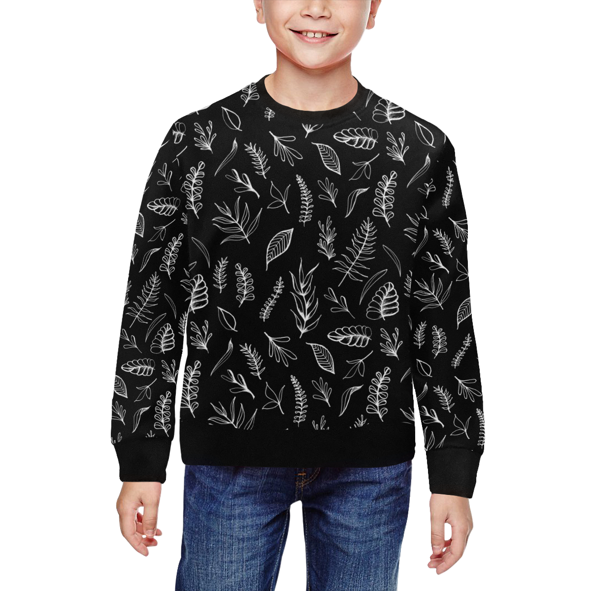 BLACK DANCING LEAVES All Over Print Crewneck Sweatshirt for Kids (Model H29)