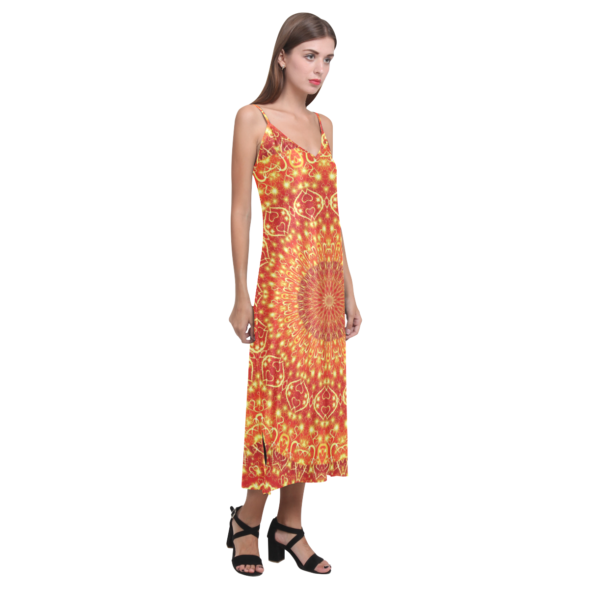 Love and Romance Golden Bohemian Hearts V-Neck Open Fork Long Dress(Model D18)