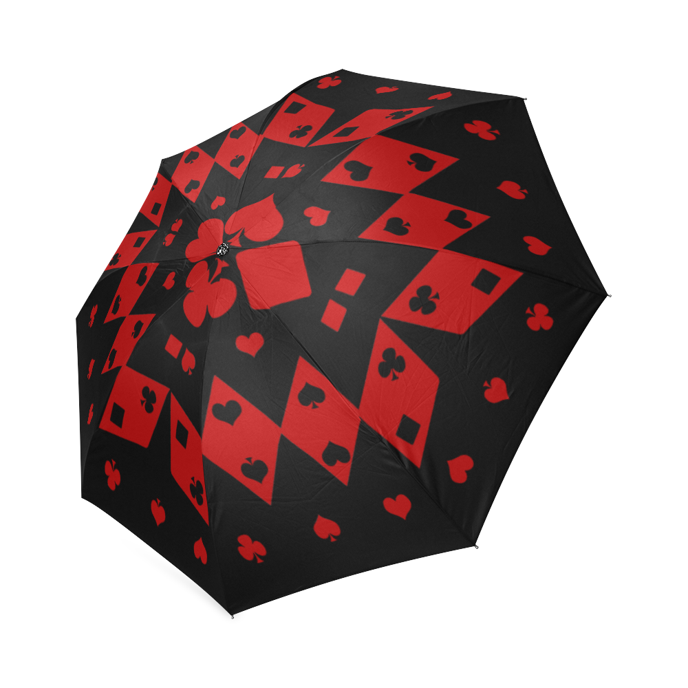 Black and Red Playing Card Shapes Round on Black Foldable Umbrella (Model U01)