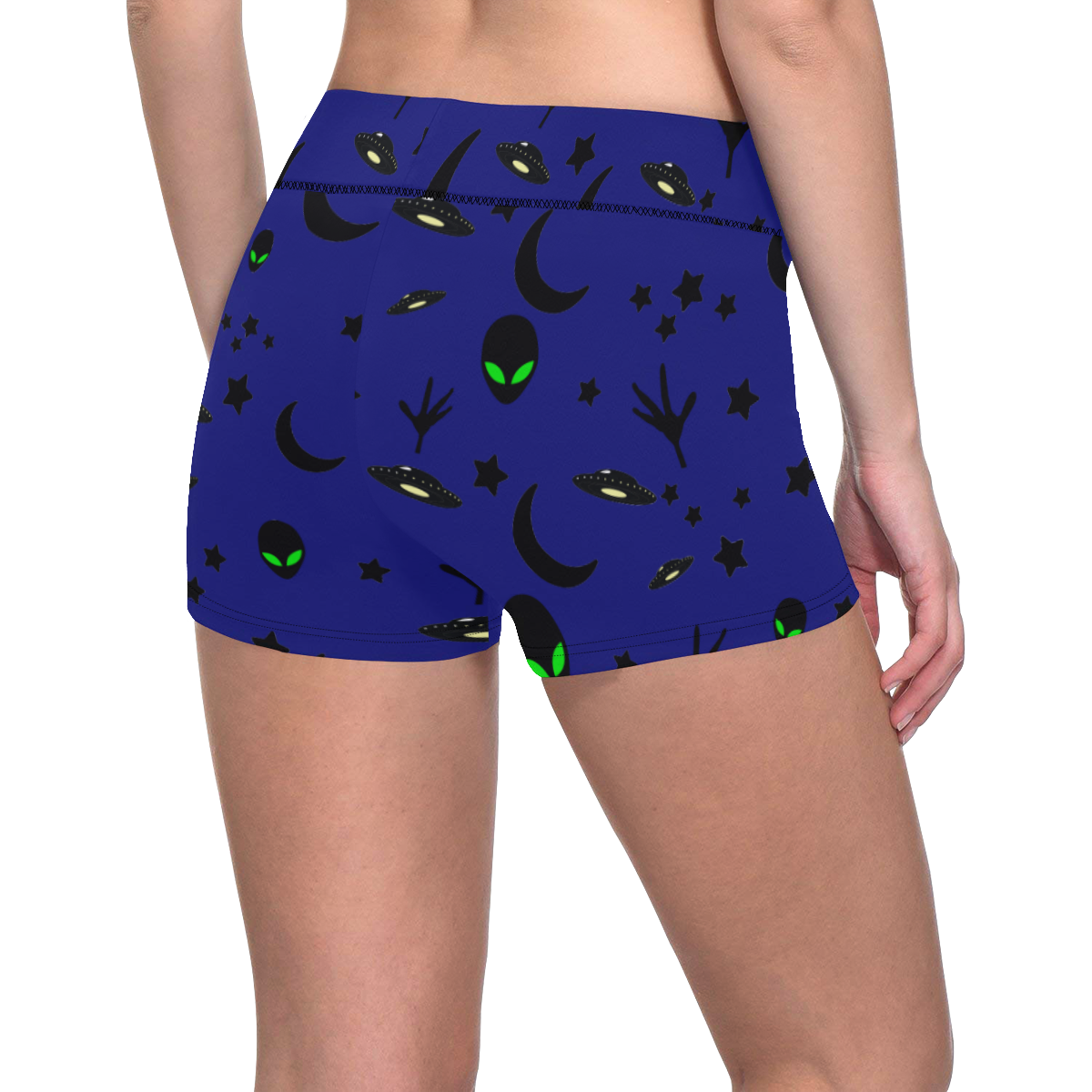 Alien Flying Saucers Stars Pattern on Blue Women's All Over Print Short Leggings (Model L28)