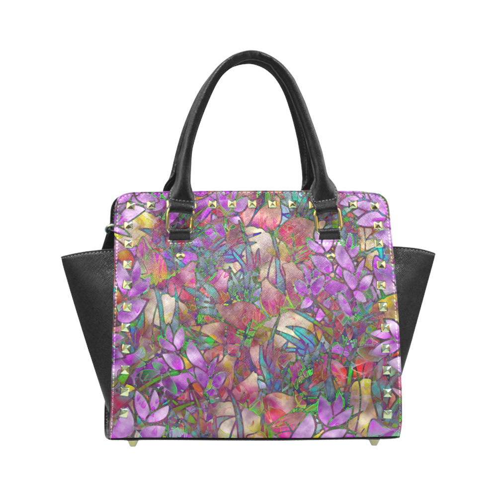 Floral Abstract Stained Glass G175 Rivet Shoulder Handbag (Model 1645)