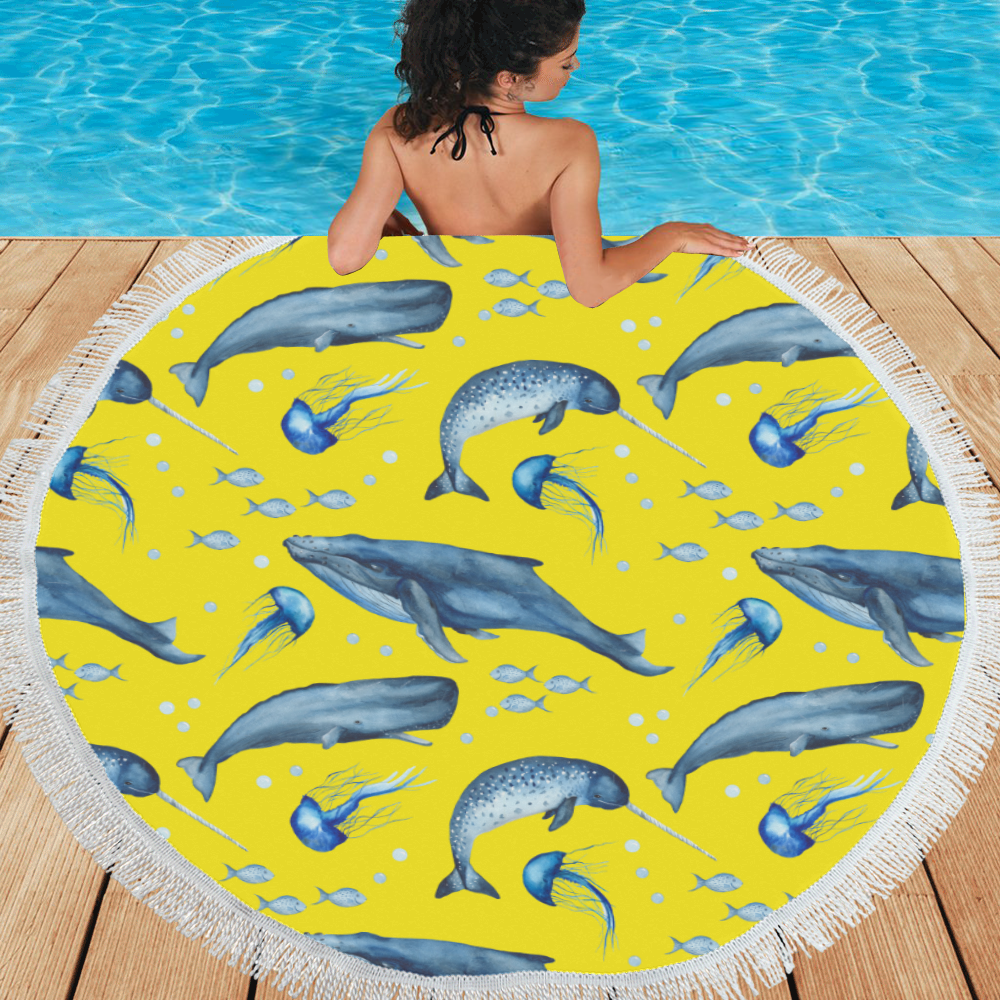 Odreeyah Ocean life yellow-blue Circular Beach Shawl 59"x 59"
