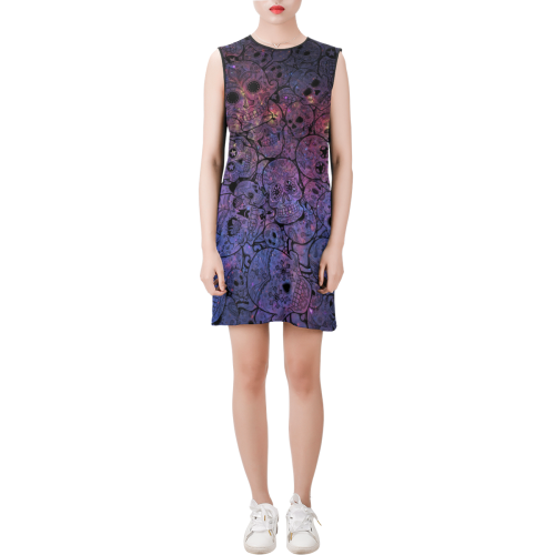 Cosmic Sugar Skulls Sleeveless Round Neck Shift Dress (Model D51)