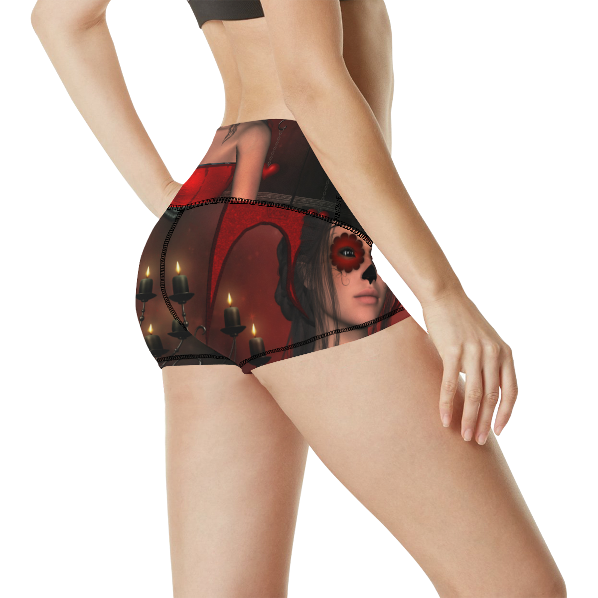 Awesome lady with sugar skull face Women's All Over Print Yoga Shorts (Model L17)