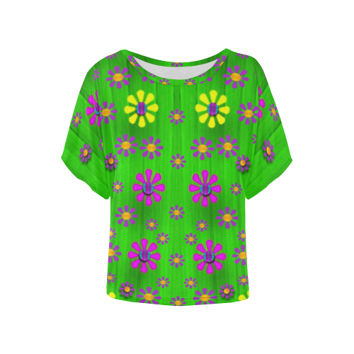 flower dance in green Women's Batwing-Sleeved Blouse T shirt (Model T44)