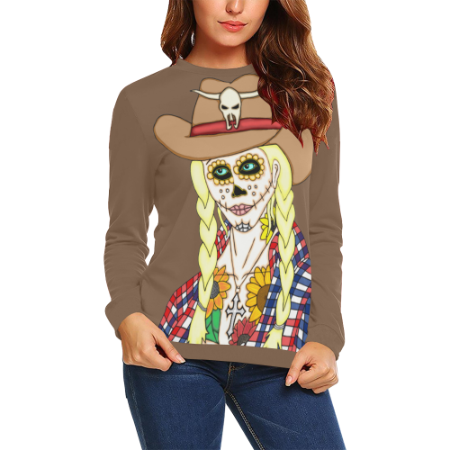 Cowgirl Sugar Skull Brown All Over Print Crewneck Sweatshirt for Women (Model H18)