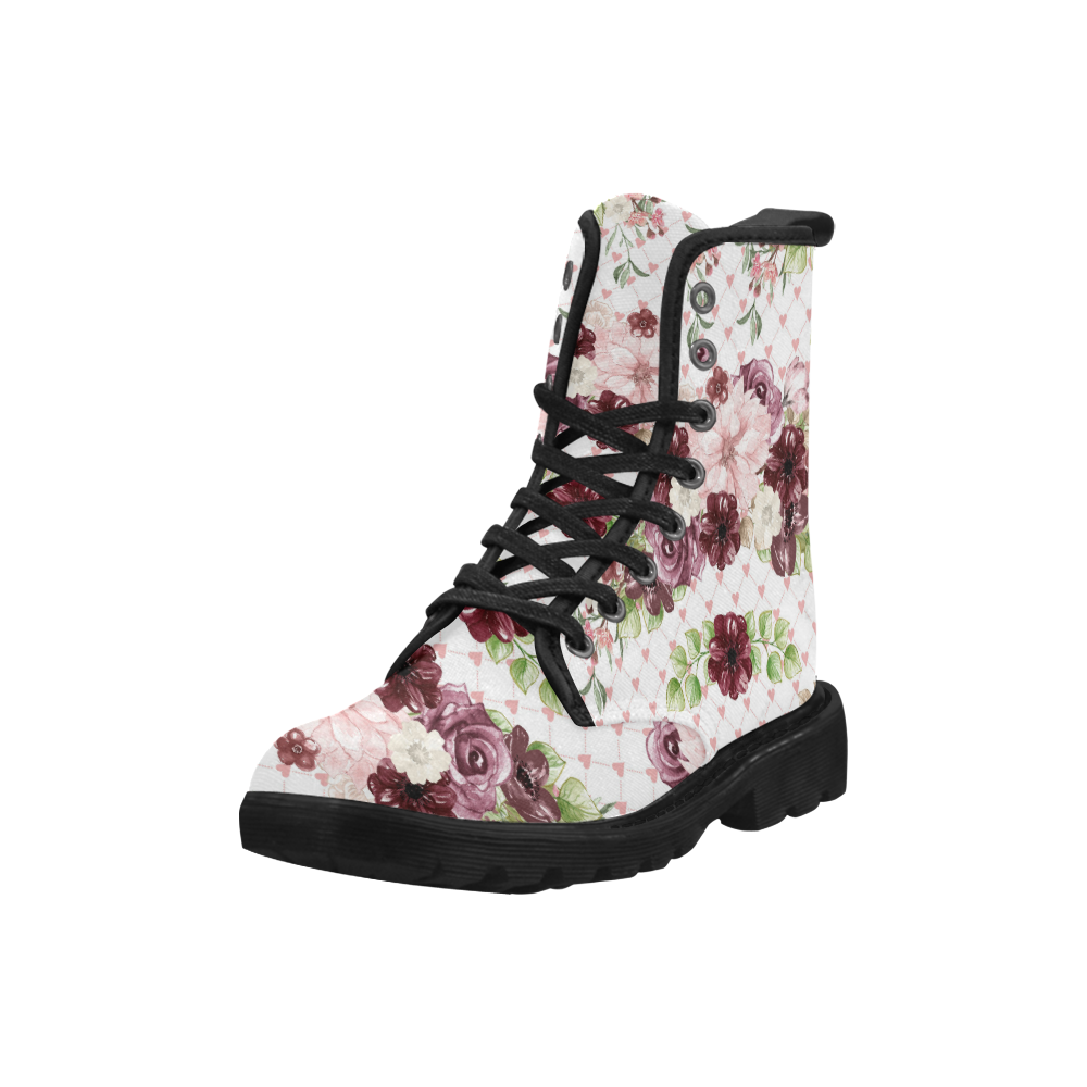 Floral Bouquet Boots, Burgundy Flower Martin Boots for Women (Black) (Model 1203H)