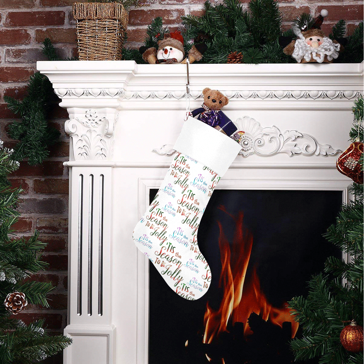 Christmas 'Tis The Season Pattern on White Christmas Stocking