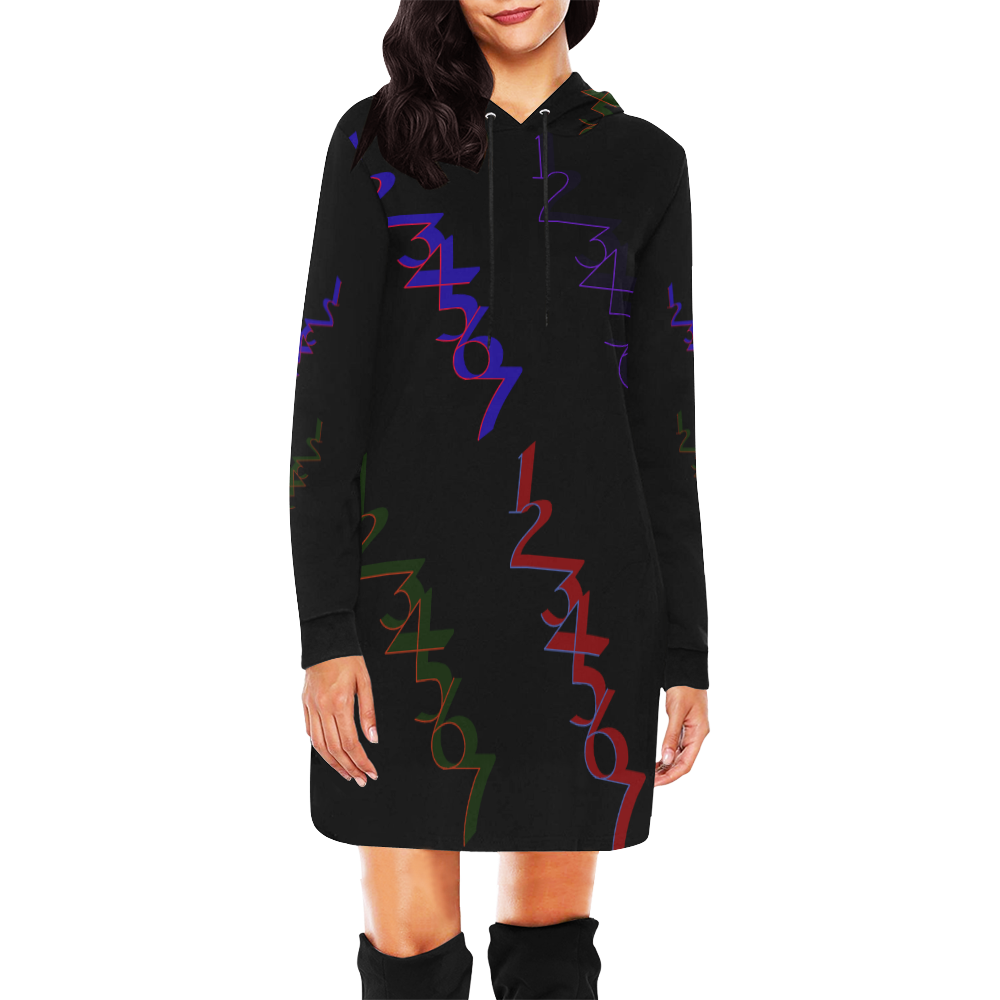 NUMBERS Collection 1234567 Black Multi Color All Over Print Hoodie Mini Dress (Model H27)