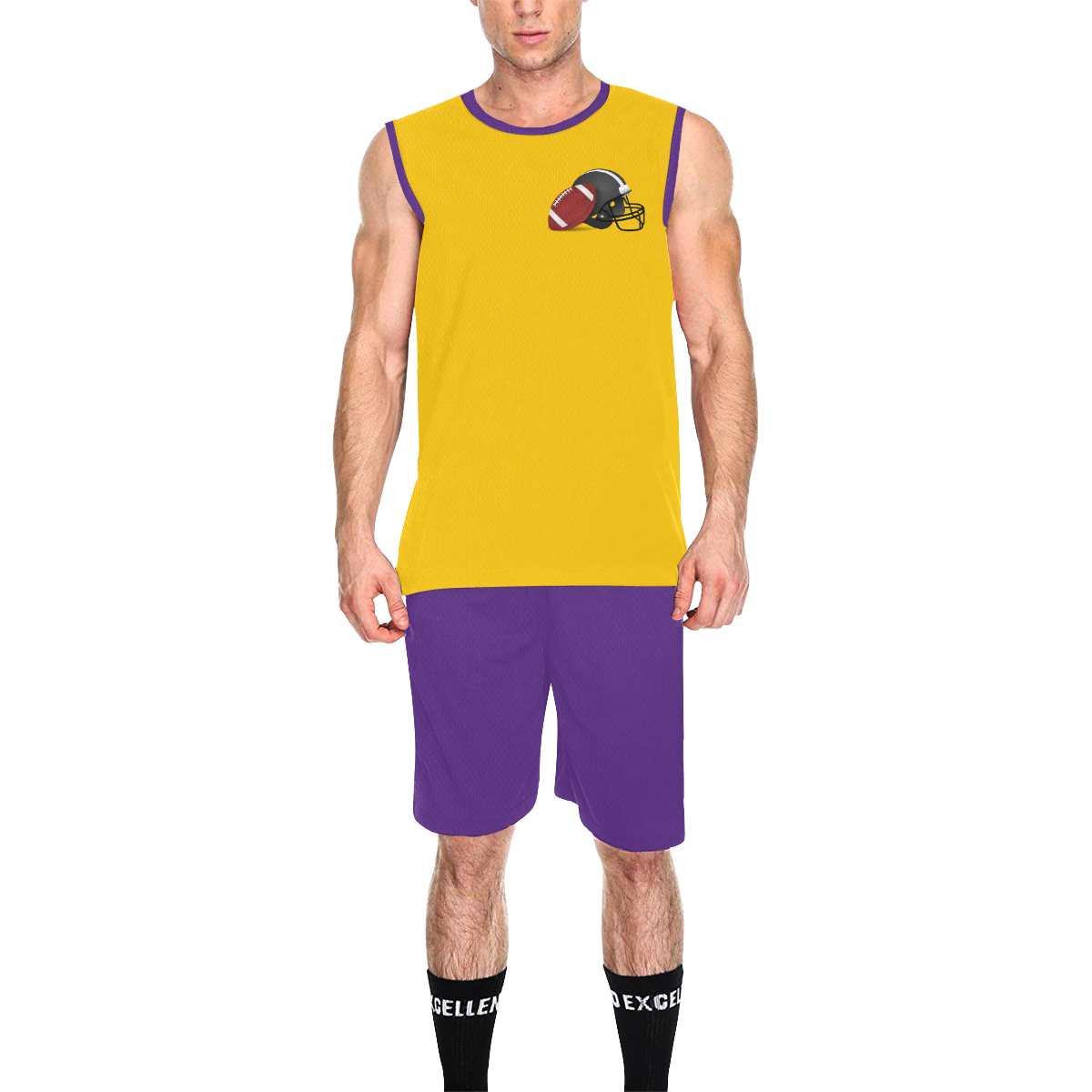 Football and Football Helmet Sports Purple and Gold All Over Print Basketball Uniform