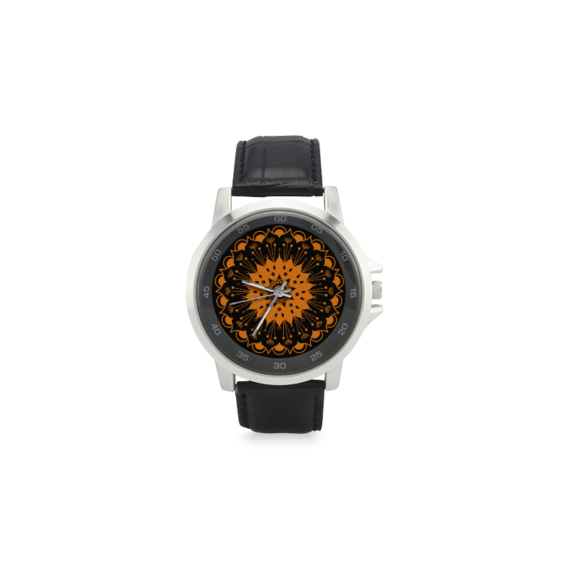 mandala naranja chakra swadisthana:atrae la abundancia y el bienestar Unisex Stainless Steel Leather Strap Watch(Model 202)
