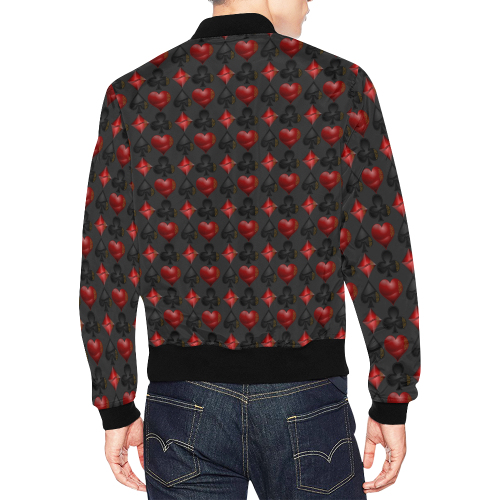 Las Vegas Black and Red Casino Poker Card Shapes on Charcoal All Over Print Bomber Jacket for Men (Model H19)