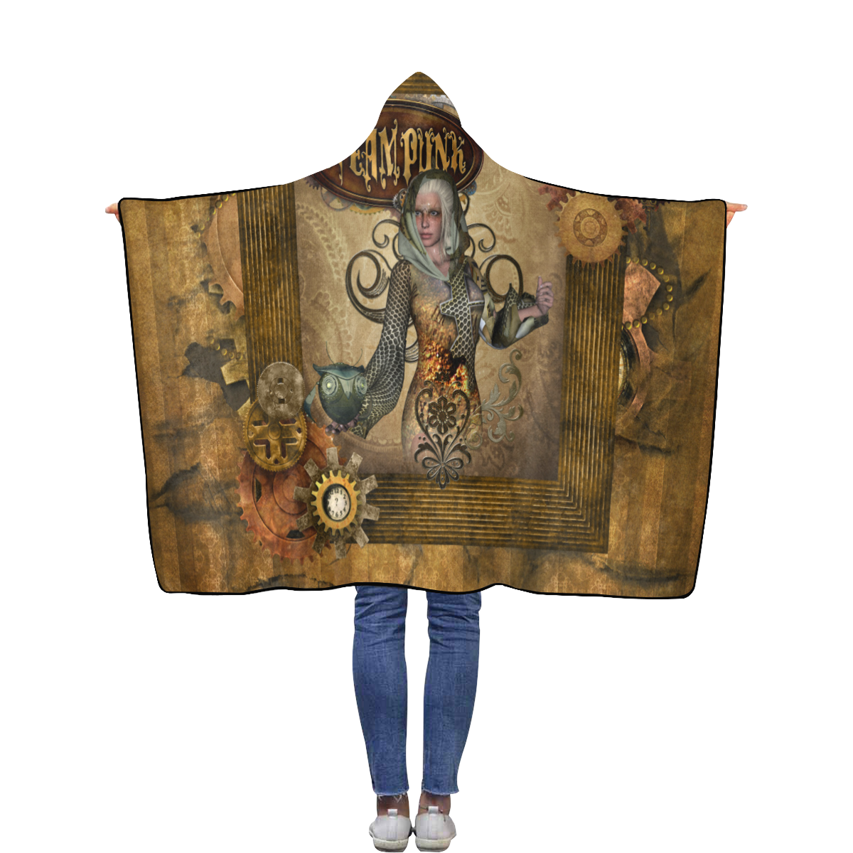 Steampunk lady with owl Flannel Hooded Blanket 40''x50''