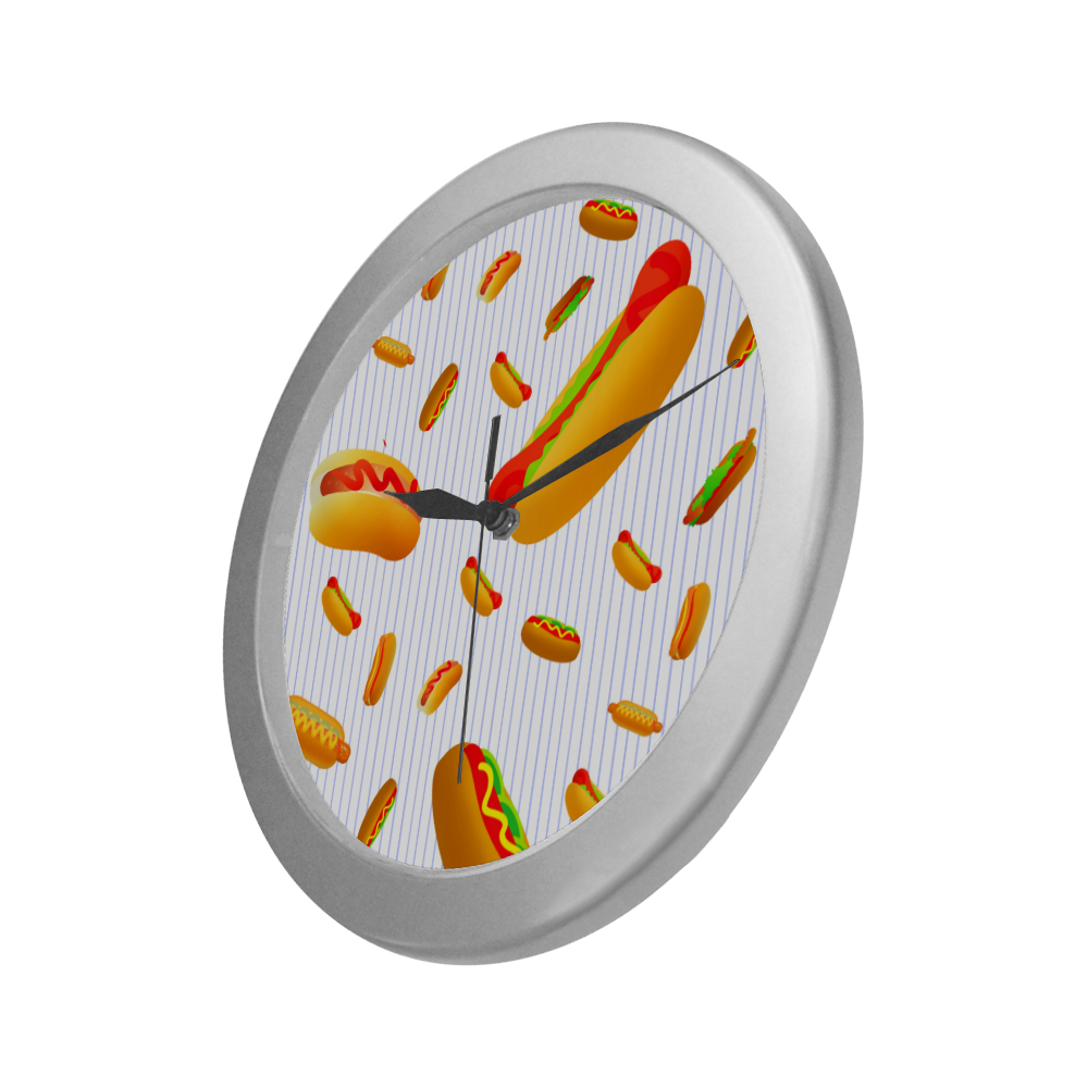 Hot Dogs on Pinstripes Silver Color Wall Clock