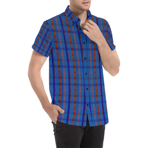 Royal Blue Plaid style Men's All Over Print Short Sleeve Shirt/Large Size (Model T53)