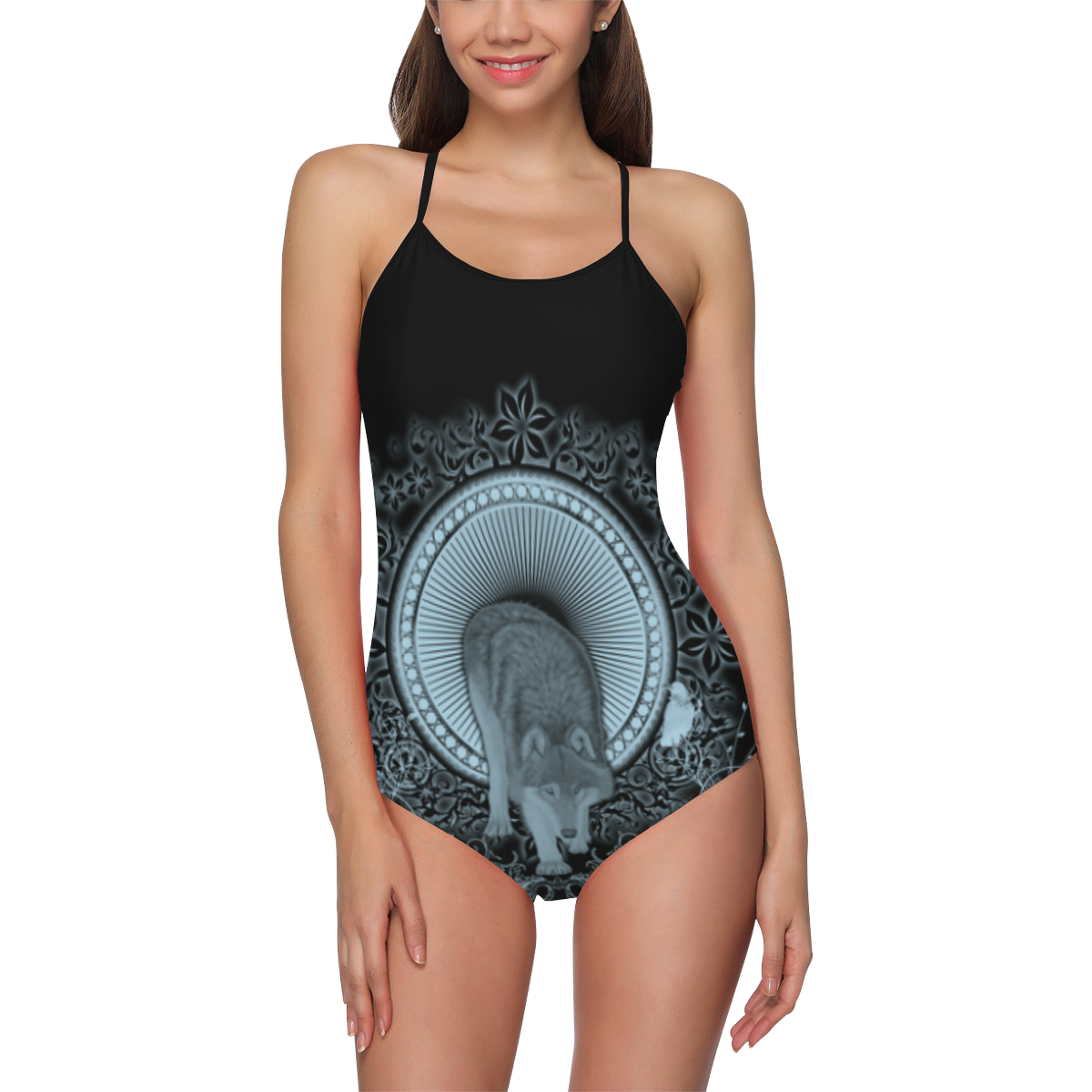 Wolf in black and blue Strap Swimsuit ( Model S05)