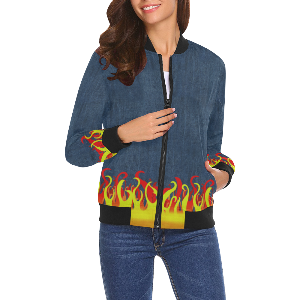 Fire and Flames With Denim-look All Over Print Bomber Jacket for Women (Model H19)