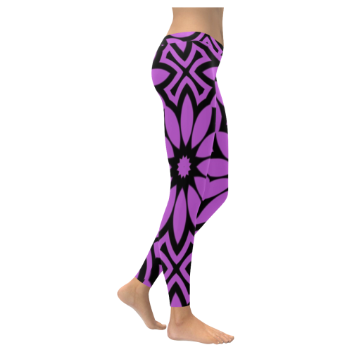 Purple/Black Flowery Pattern Women's Low Rise Leggings (Invisible Stitch) (Model L05)