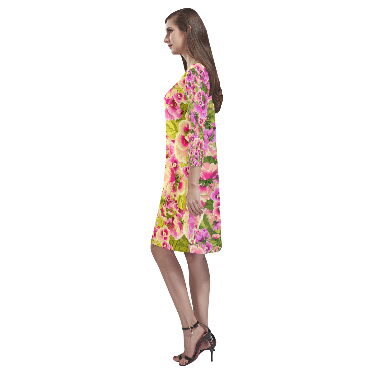 colorful flower pattern Rhea Loose Round Neck Dress(Model D22)
