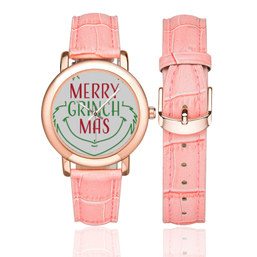 Merry Grinchmas CHRISTMAS WHITE Women's Rose Gold Leather Strap Watch(Model 201)