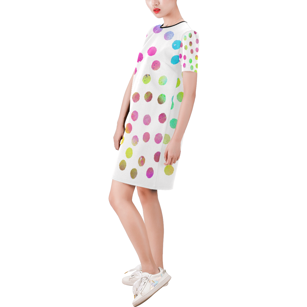 Multicolor Dots White. Inspired by the Magic Island of Gotland. Short-Sleeve Round Neck A-Line Dress (Model D47)