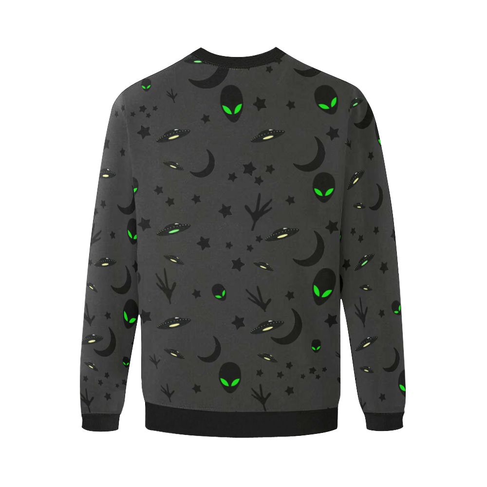 Alien Flying Saucers Stars Pattern on Charcoal Men's Oversized Fleece Crew Sweatshirt (Model H18)