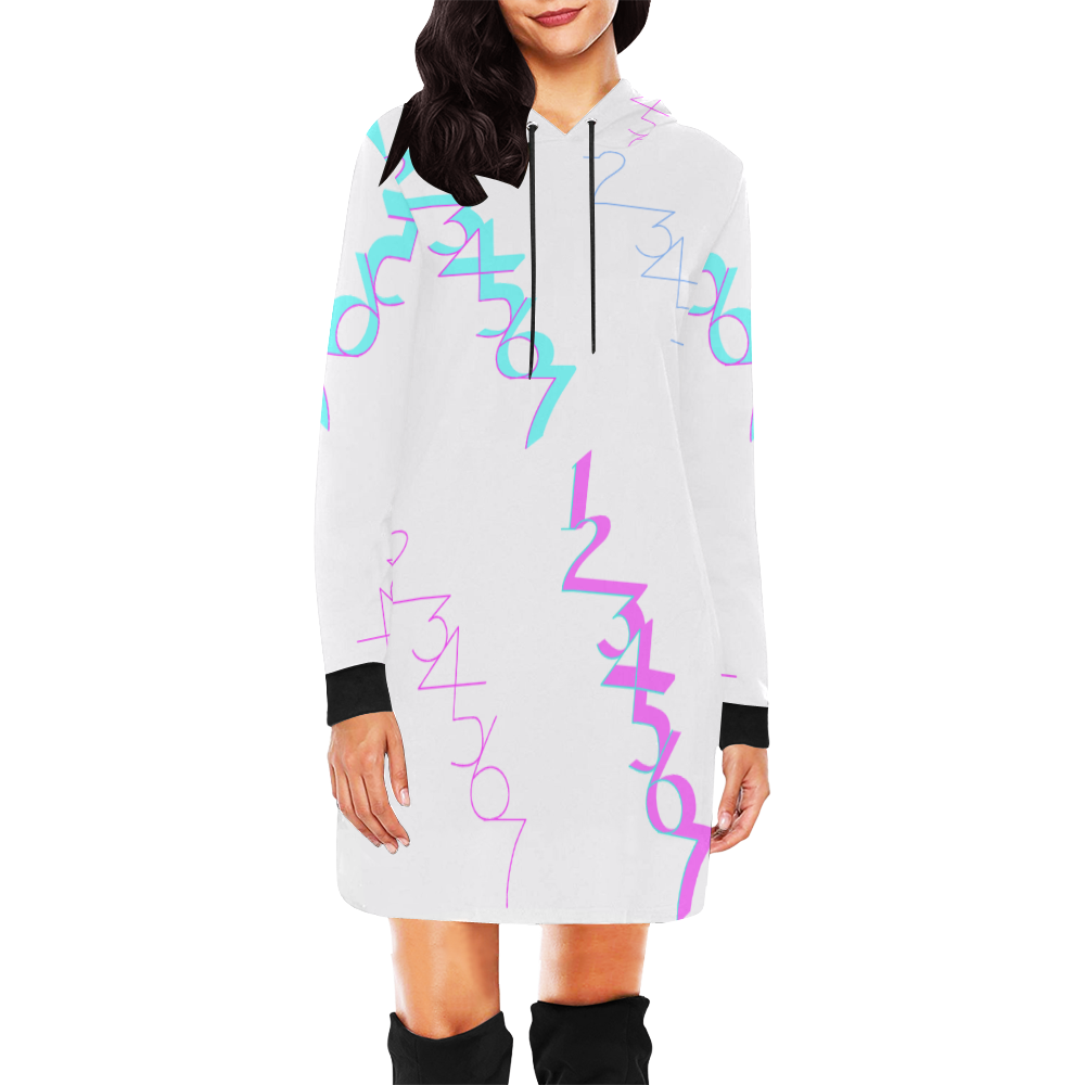 NUMBERS Collection 1234567 Quatro White/Teal/Pink All Over Print Hoodie Mini Dress (Model H27)