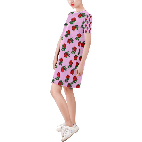 red roses pink Short-Sleeve Round Neck A-Line Dress (Model D47)