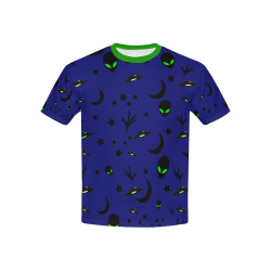 Alien Flying Saucers Stars Pattern on Blue/Green Trim Kids' All Over Print T-Shirt with Solid Color Neck (Model T40)