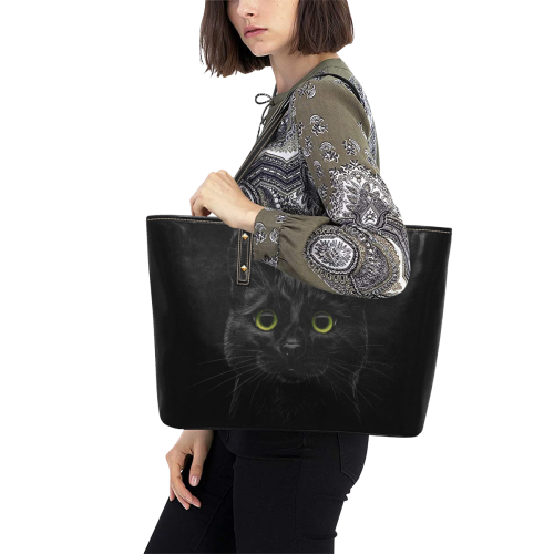 Black Cat Chic Leather Tote Bag (Model 1709)