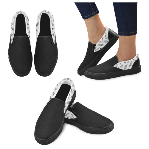 Black and white birds against white background sea Women's Slip-on Canvas Shoes (Model 019)