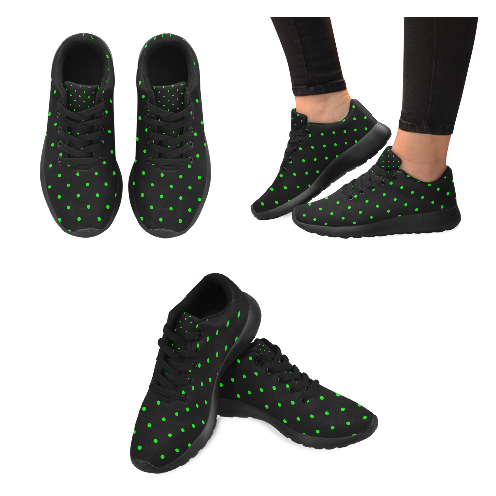 Green Polka Dots on Black Women’s Running Shoes (Model 020)