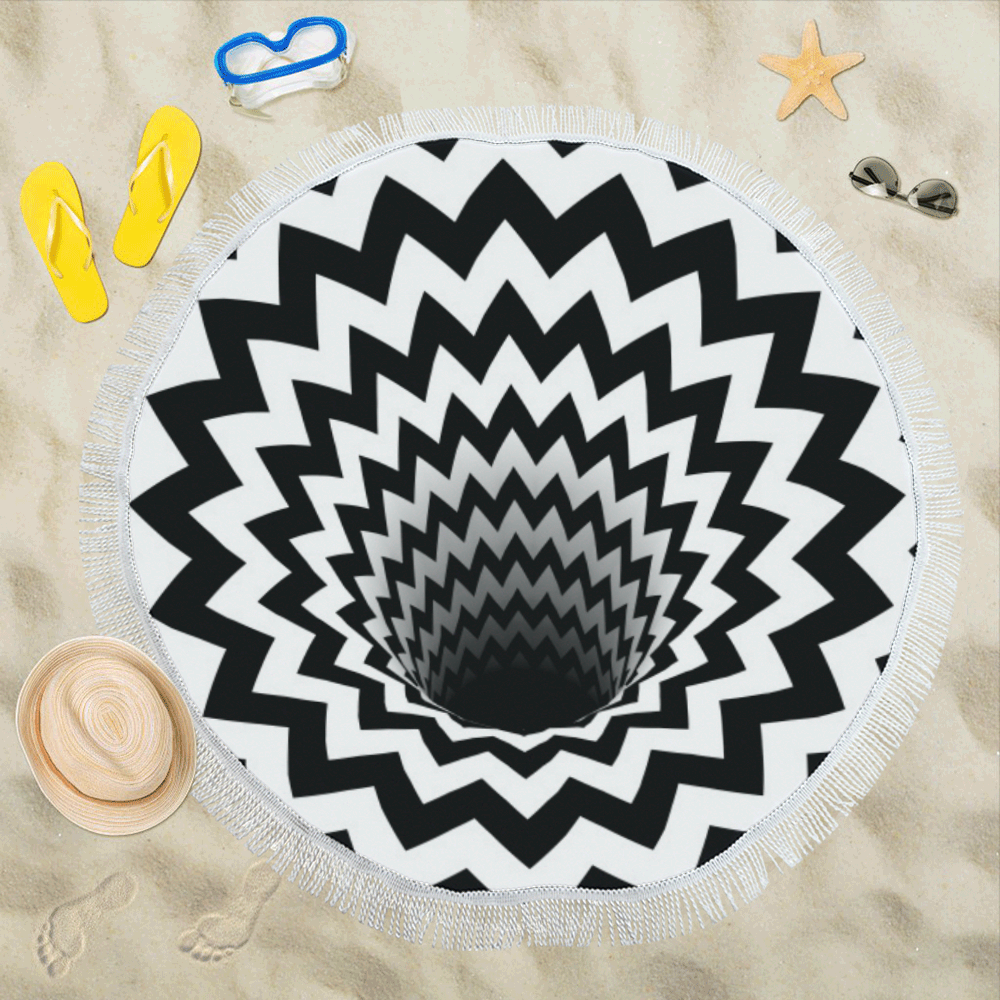 Optical Illusion Chevron Black Hole (Black/White) Circular Beach Shawl 59"x 59"