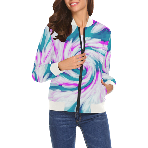 Turquoise Pink Tie Dye Swirl Abstract All Over Print Bomber Jacket for Women (Model H19)