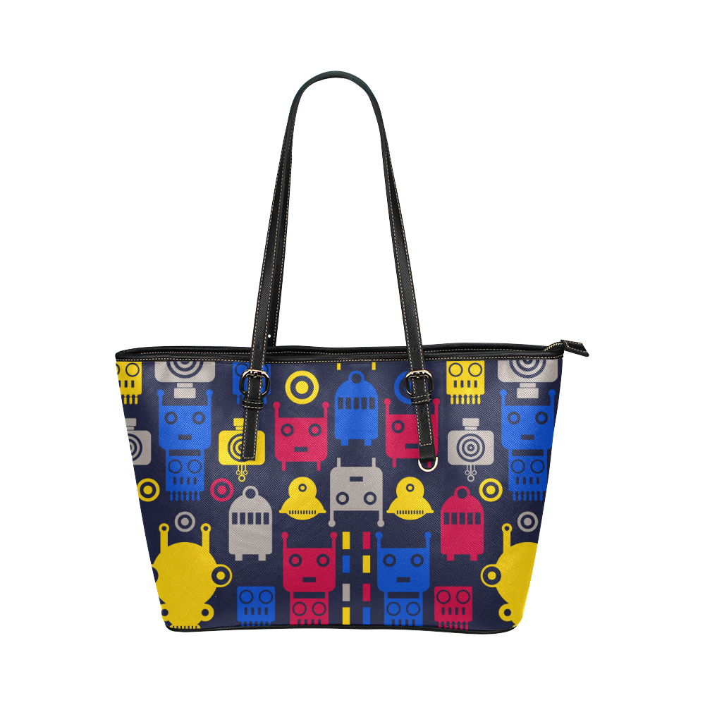 Cartoon Robots Leather Tote Bag/Small (Model 1651)