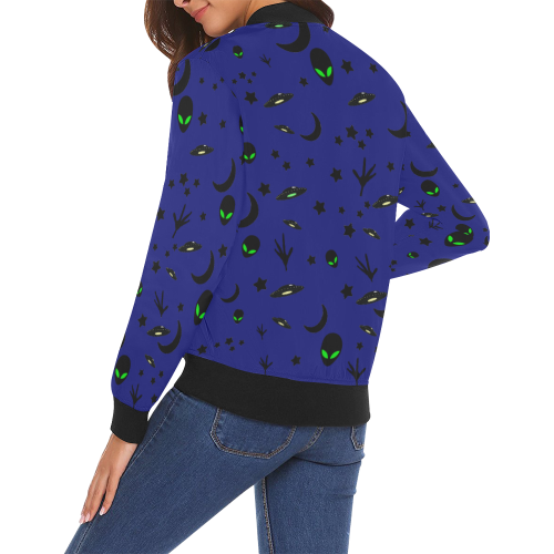 Alien Flying Saucers Stars Pattern on Blue All Over Print Bomber Jacket for Women (Model H19)